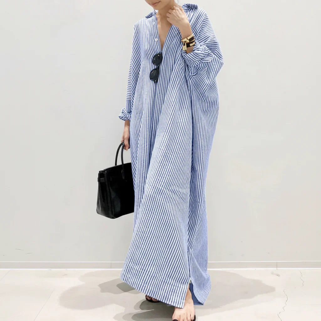 Damen Sommerkleid Langen Ärmeln langen Streifen Freizeitkleid - Image 3