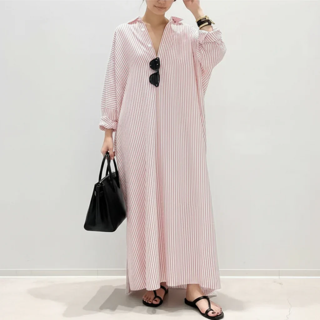 Damen Sommerkleid Langen Ärmeln langen Streifen Freizeitkleid - Image 6