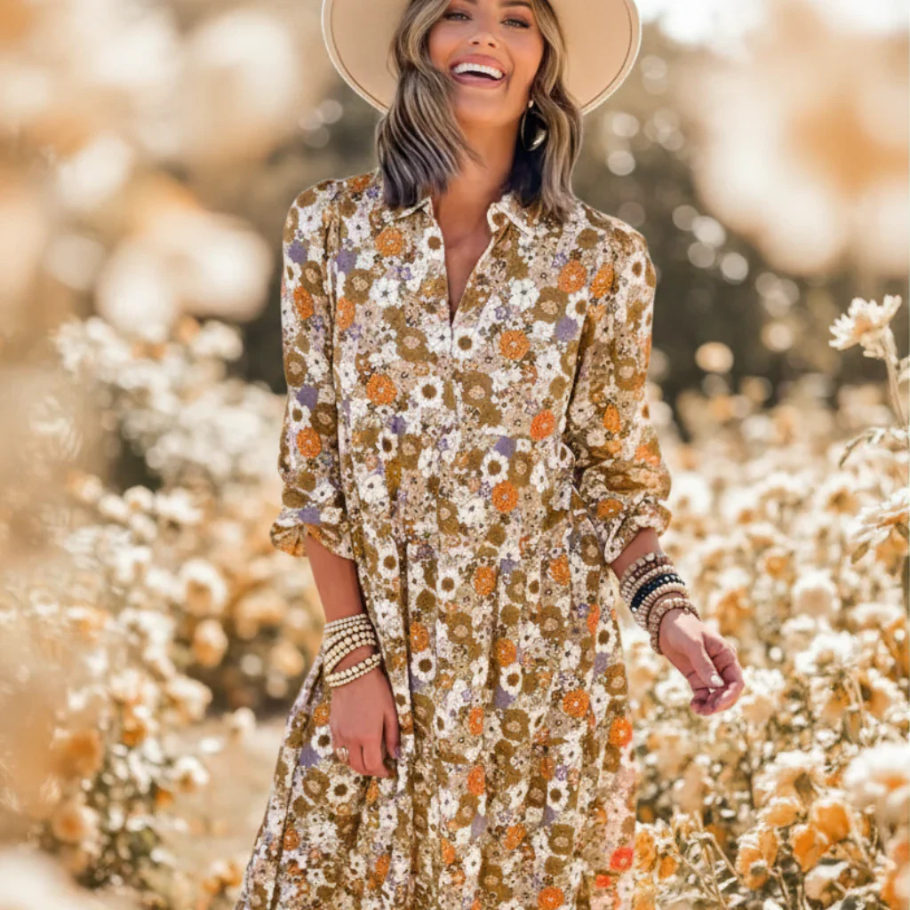 Damen Sommerkleid Langen Ärmeln V-Ausschnitt - Image 4