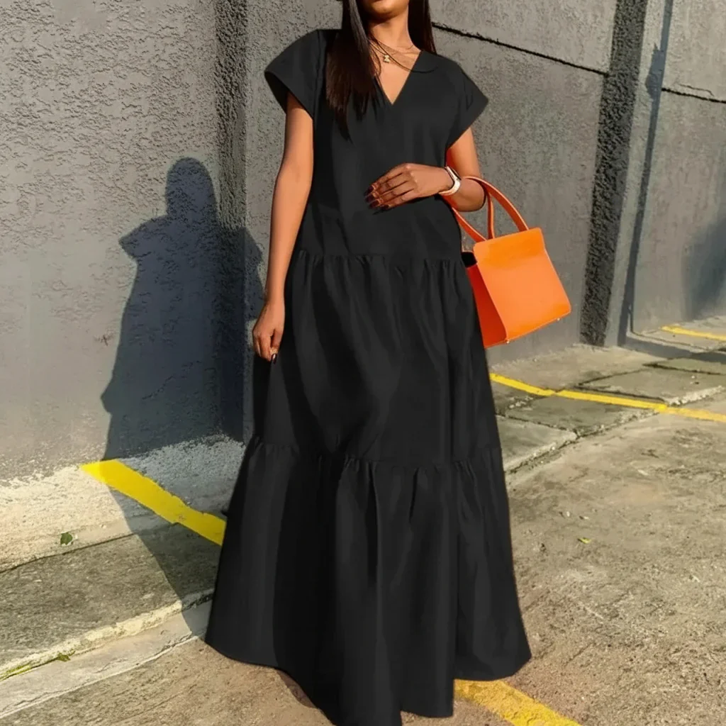 Damen Sommerkleid Locker V-Ausschnitt Saum Maxi Freizeitkleid - Image 2