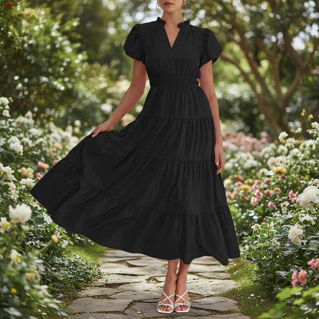 Damen Sommerkleid Midi Puffärmel Kurze Ärmel Freizeit Kleid
