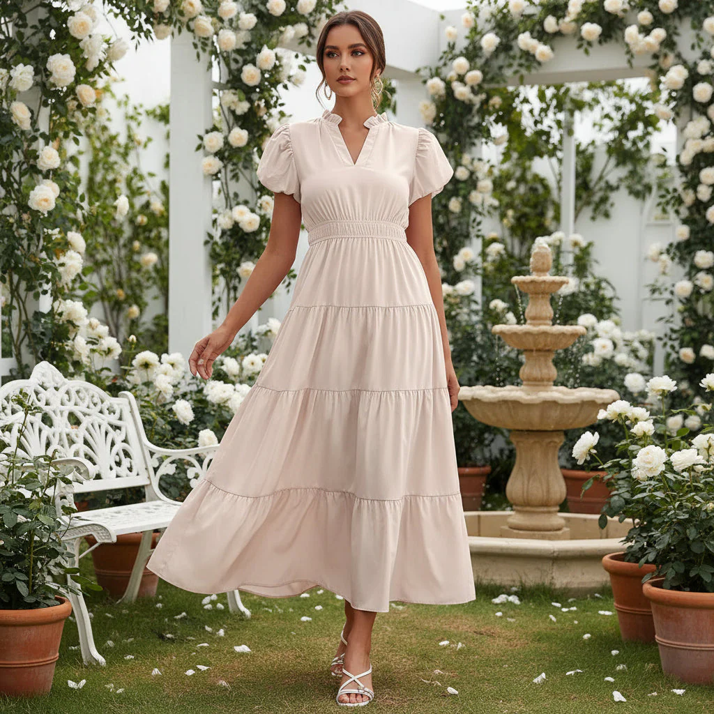 Damen Sommerkleid Midi Puffärmel Kurze Ärmel Freizeit Kleid - Image 2
