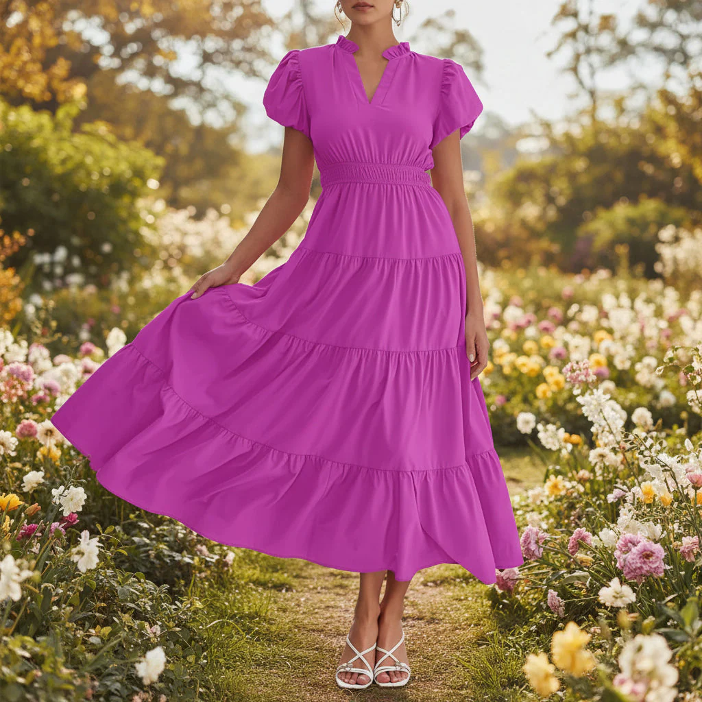 Damen Sommerkleid Midi Puffärmel Kurze Ärmel Freizeit Kleid - Image 3