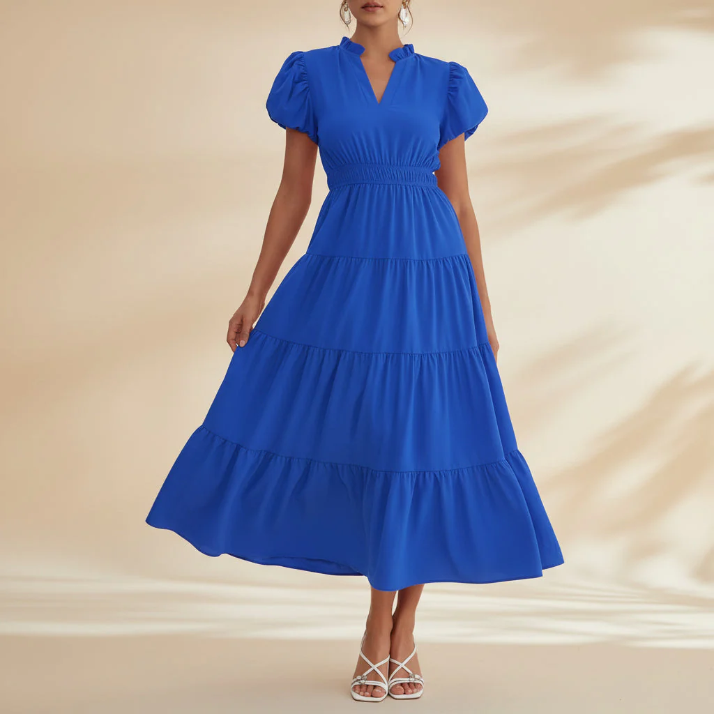 Damen Sommerkleid Midi Puffärmel Kurze Ärmel Freizeit Kleid - Image 4