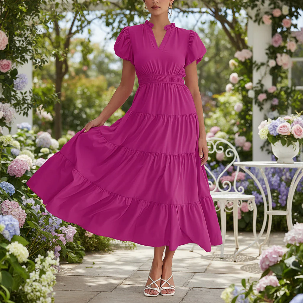 Damen Sommerkleid Midi Puffärmel Kurze Ärmel Freizeit Kleid - Image 5