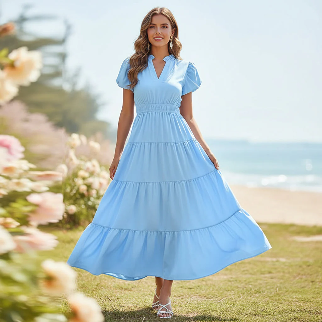 Damen Sommerkleid Midi Puffärmel Kurze Ärmel Freizeit Kleid - Image 6