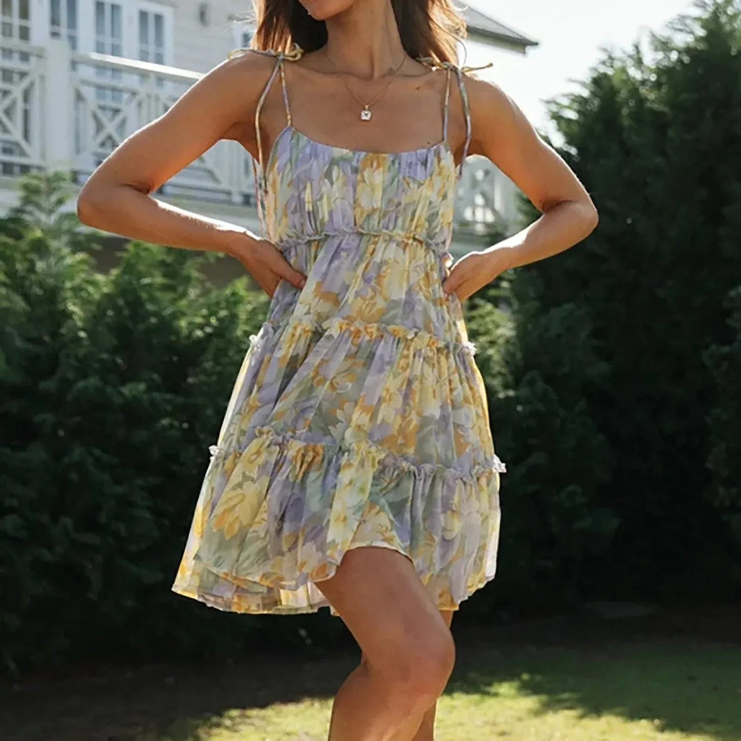 Damen Sommerkleid Rüschen Blumenmuster Spaghettiträger - Image 7