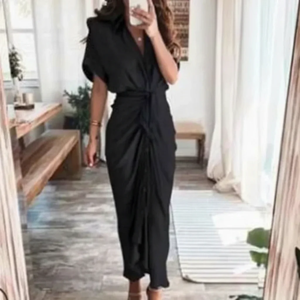 Damen Sommerkleid Taille Asymmetrischer Saum Kurzarm Kleid - Image 10
