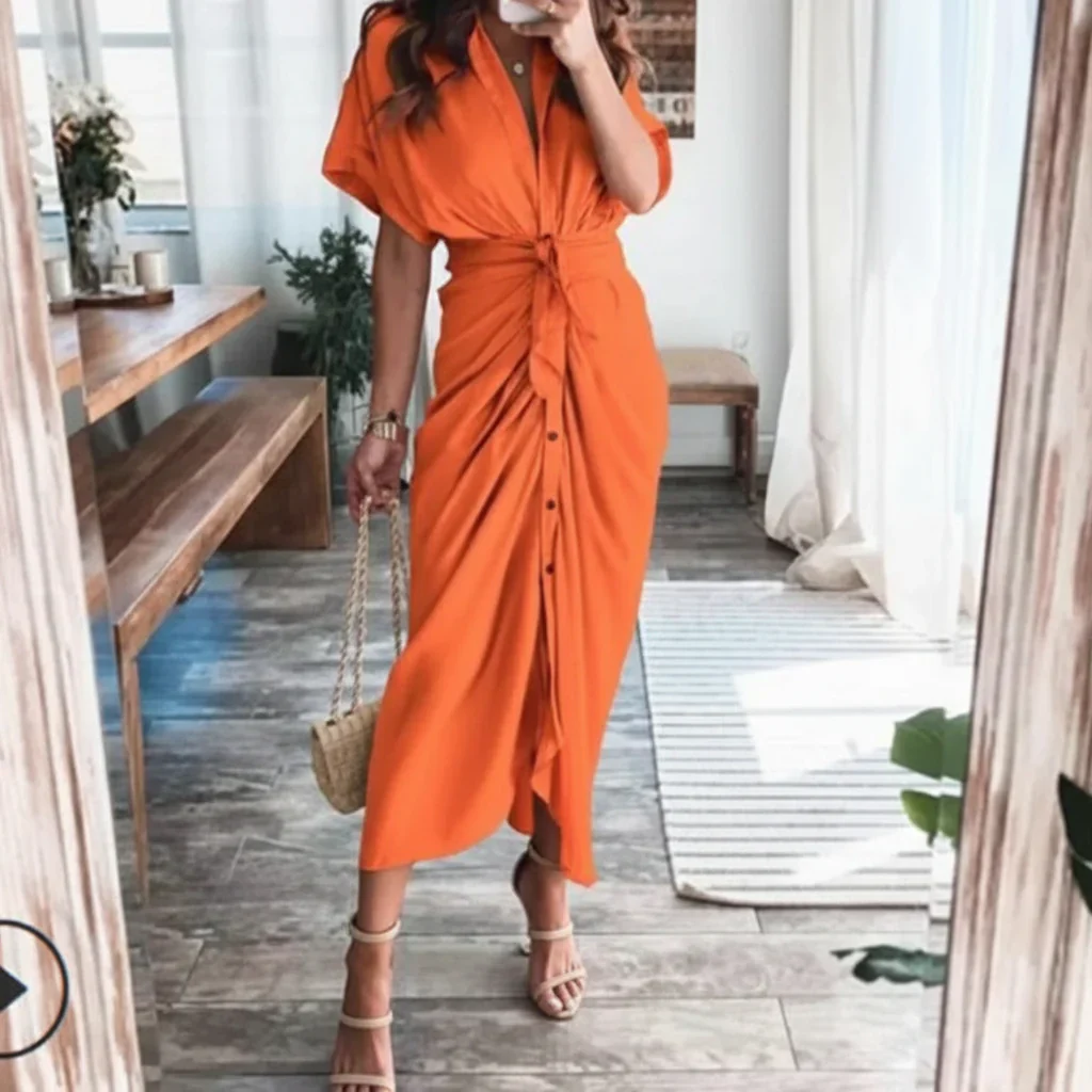 Damen Sommerkleid Taille Asymmetrischer Saum Kurzarm Kleid - Image 11