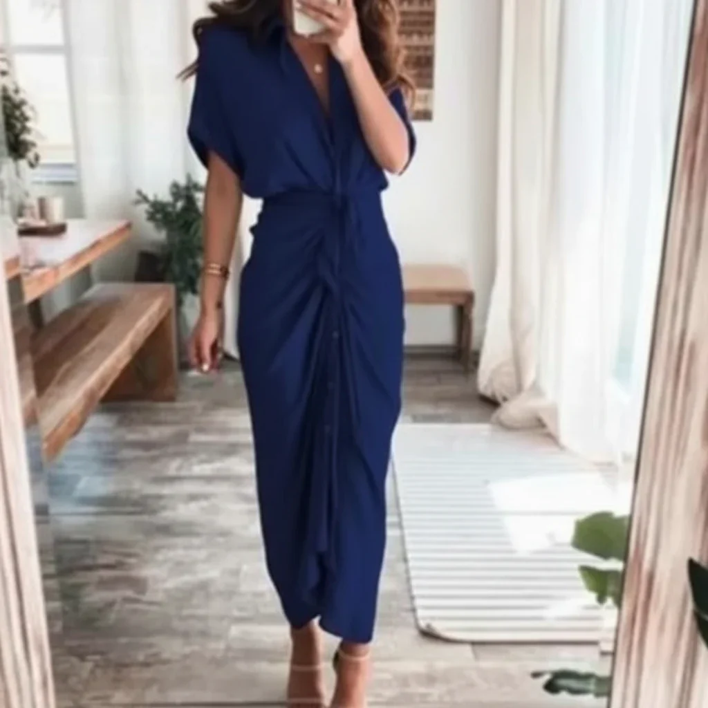 Damen Sommerkleid Taille Asymmetrischer Saum Kurzarm Kleid - Image 17
