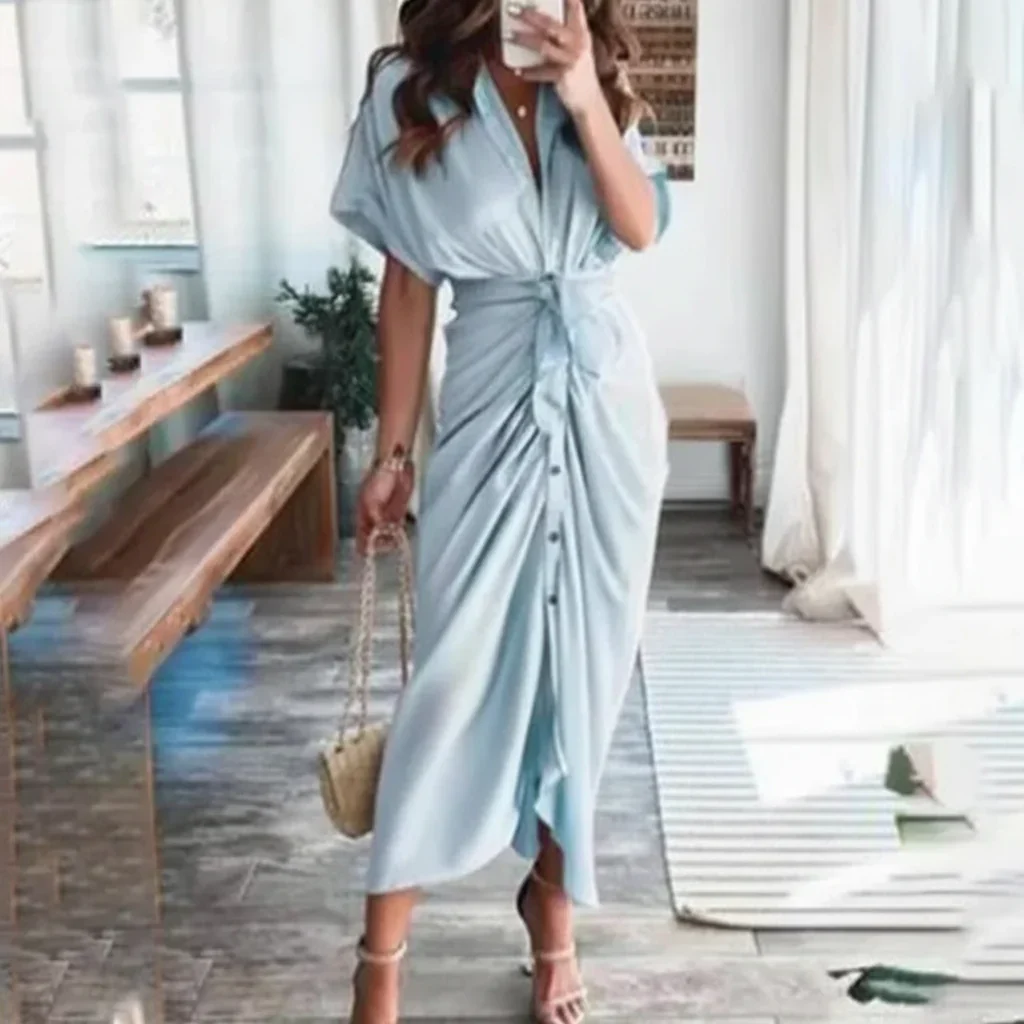 Damen Sommerkleid Taille Asymmetrischer Saum Kurzarm Kleid - Image 18