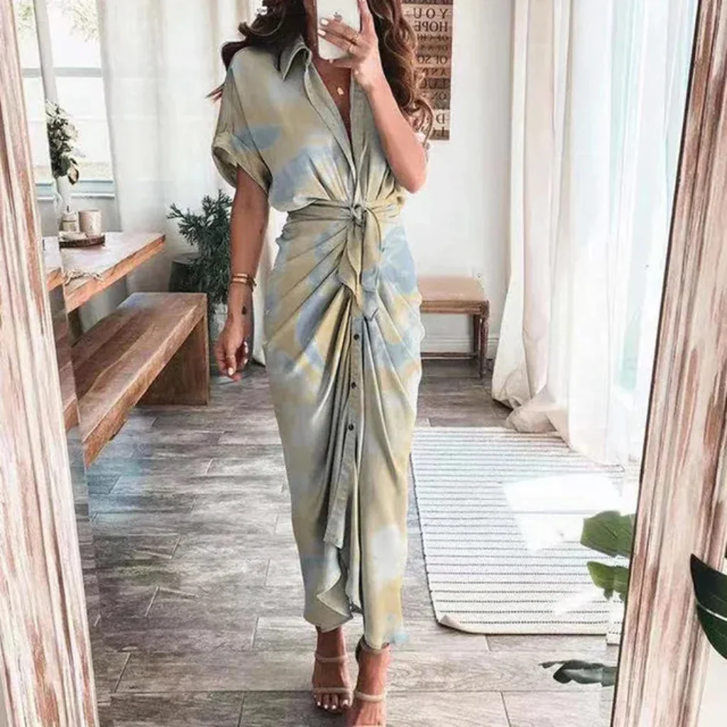 Damen Sommerkleid Taille Asymmetrischer Saum Kurzarm Kleid - Image 2