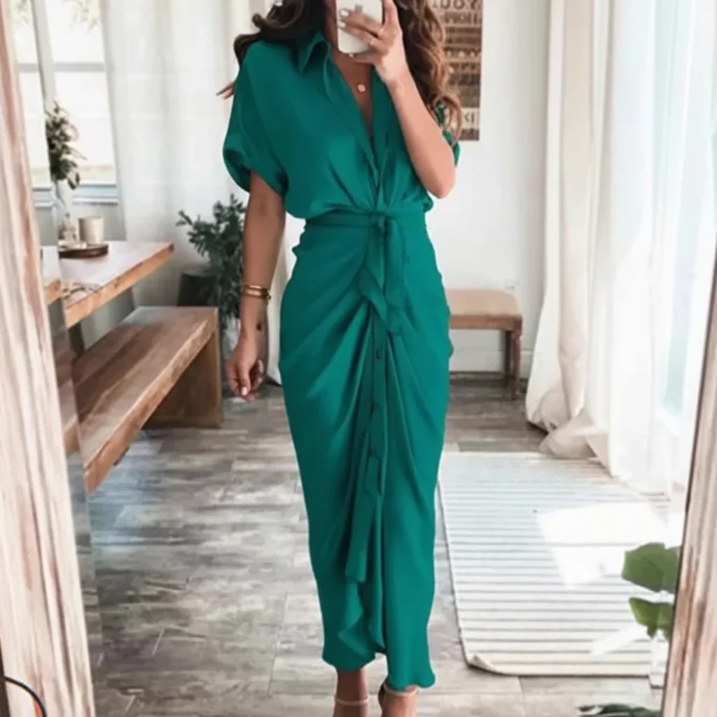 Damen Sommerkleid Taille Asymmetrischer Saum Kurzarm Kleid - Image 20