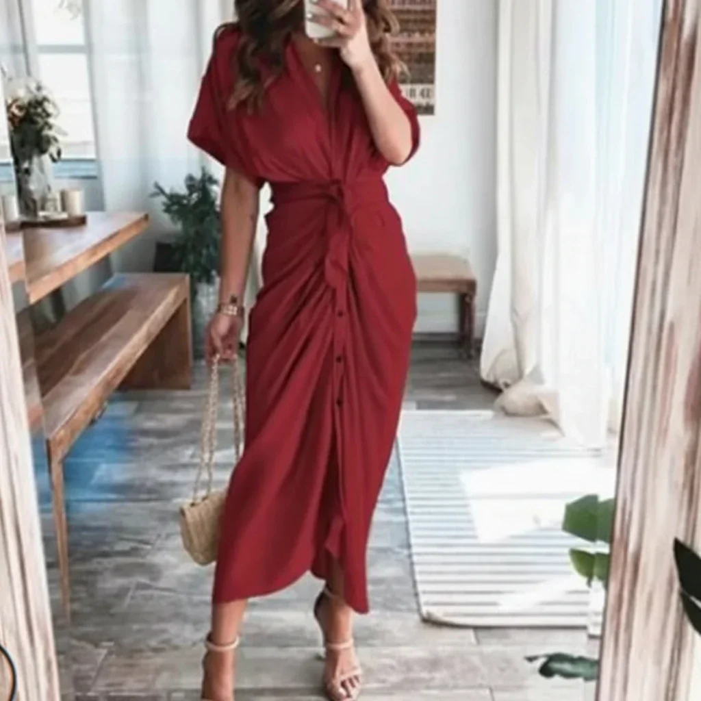 Damen Sommerkleid Taille Asymmetrischer Saum Kurzarm Kleid - Image 21