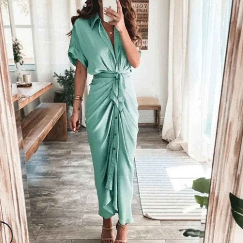 Damen Sommerkleid Taille Asymmetrischer Saum Kurzarm Kleid - Image 22