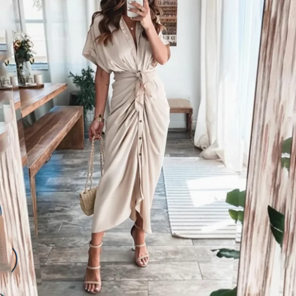 Damen Sommerkleid Taille Asymmetrischer Saum Kurzarm Kleid - Image 23