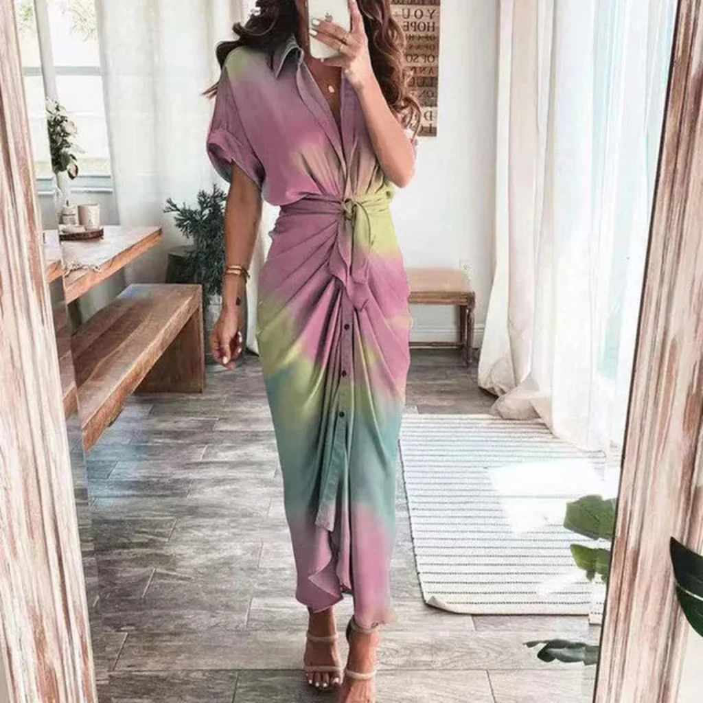 Damen Sommerkleid Taille Asymmetrischer Saum Kurzarm Kleid - Image 24