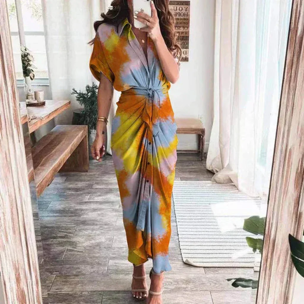 Damen Sommerkleid Taille Asymmetrischer Saum Kurzarm Kleid - Image 25