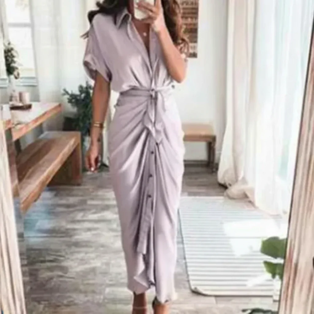 Damen Sommerkleid Taille Asymmetrischer Saum Kurzarm Kleid - Image 26