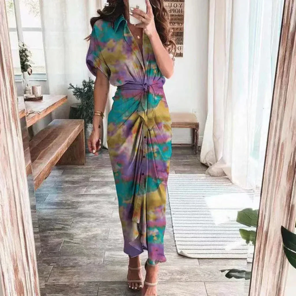 Damen Sommerkleid Taille Asymmetrischer Saum Kurzarm Kleid - Image 3