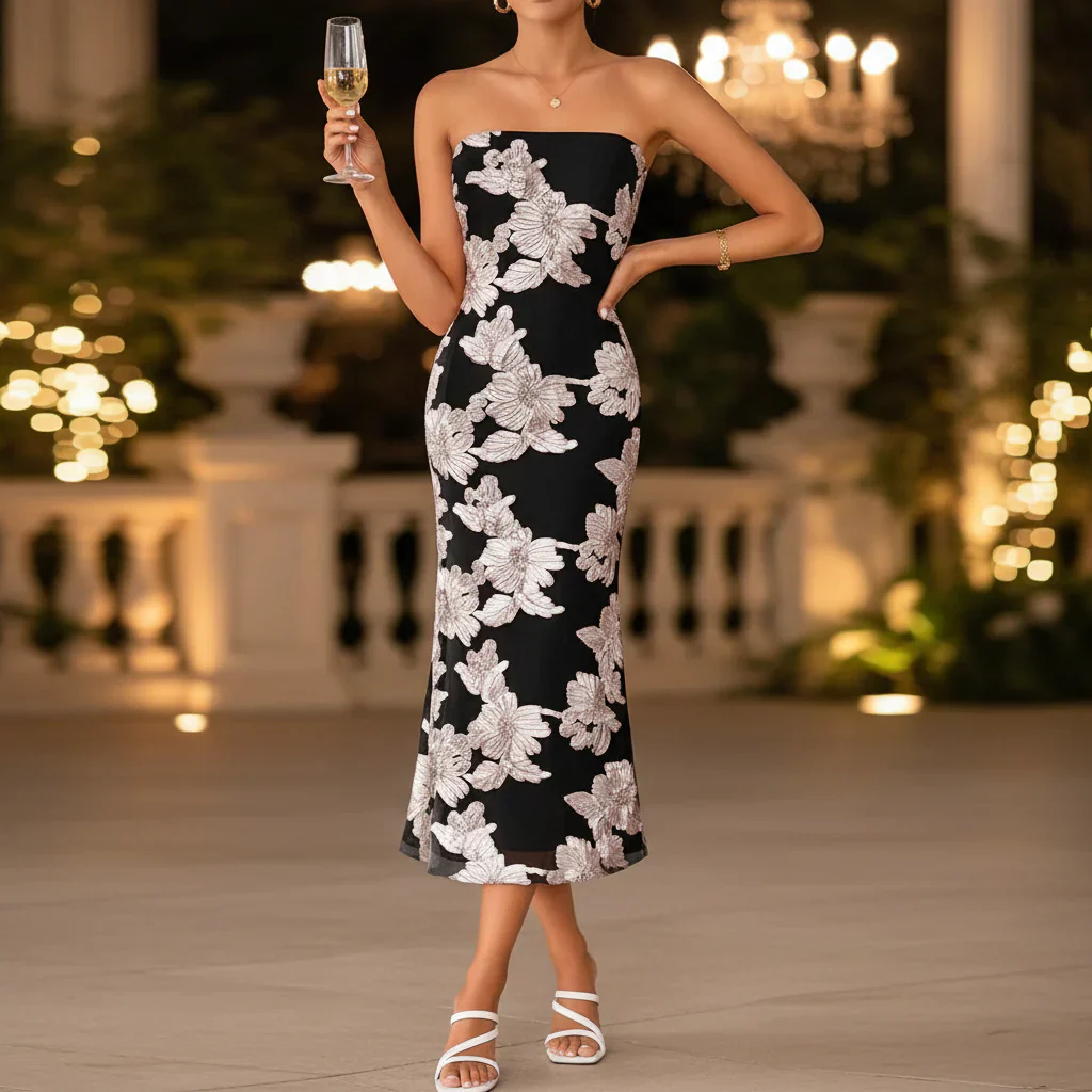 Damen Sommerkleid Trägerlos Lang Schmal Maxikleid - Image 9