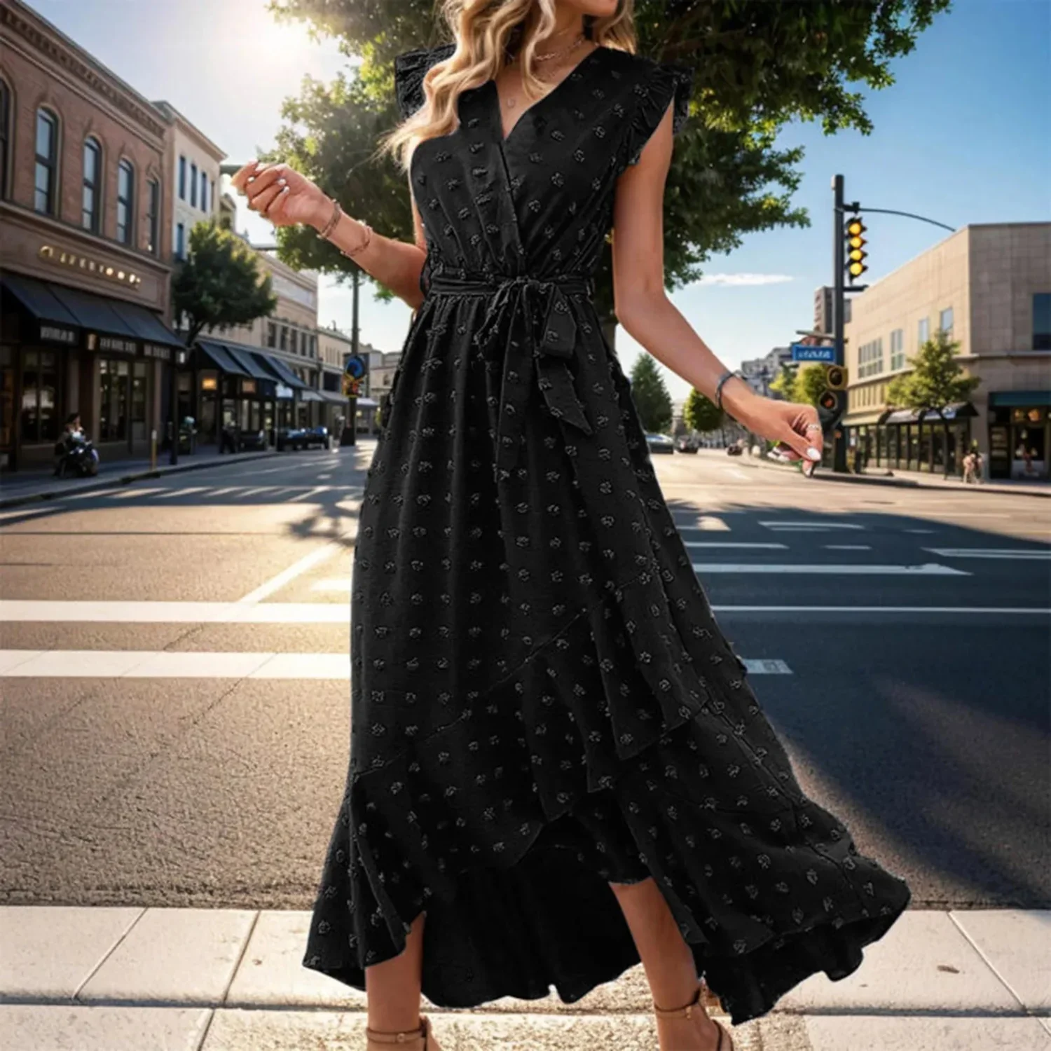 Damen Sommerkleid Wickel V-Ausschnitt Rüschenärmel Midi Kleid - Image 2
