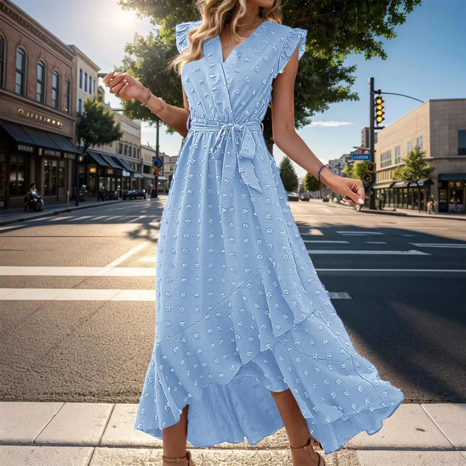 Damen Sommerkleid Wickel V-Ausschnitt Rüschenärmel Midi Kleid - Image 3