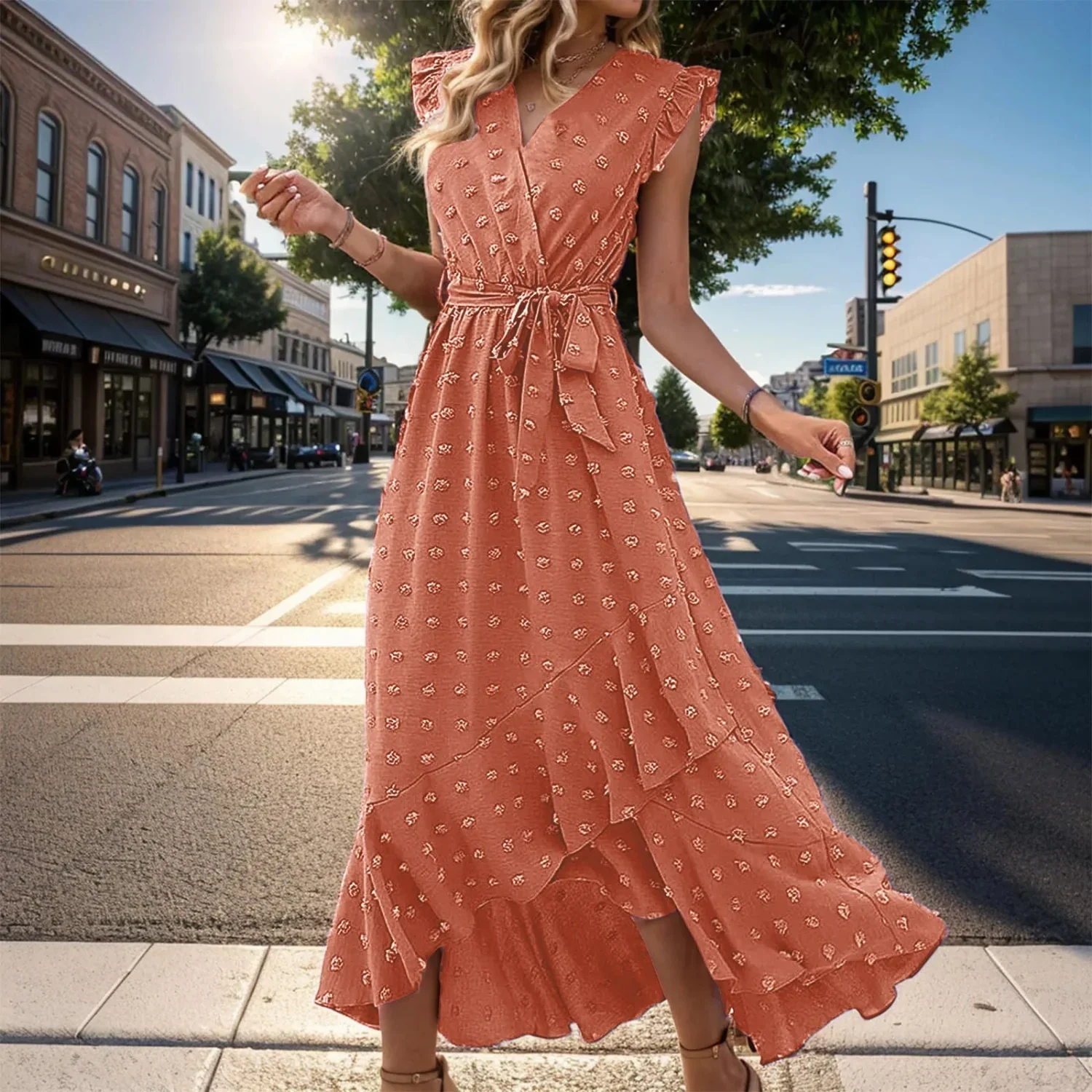 Damen Sommerkleid Wickel V-Ausschnitt Rüschenärmel Midi Kleid - Image 4