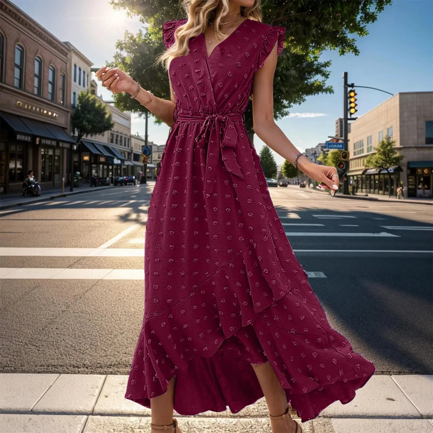 Damen Sommerkleid Wickel V-Ausschnitt Rüschenärmel Midi Kleid - Image 5