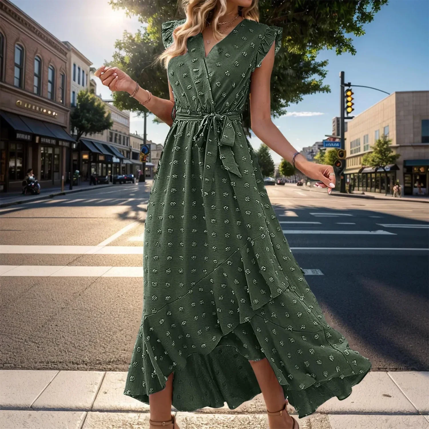 Damen Sommerkleid Wickel V-Ausschnitt Rüschenärmel Midi Kleid - Image 6