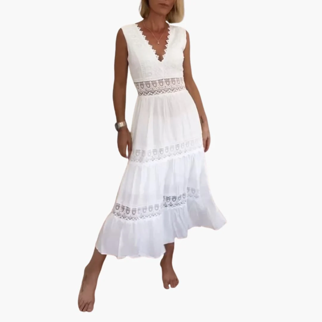 Damen Spitzenkleid ohne Ärmel mit V-Rücken und Stufenrock