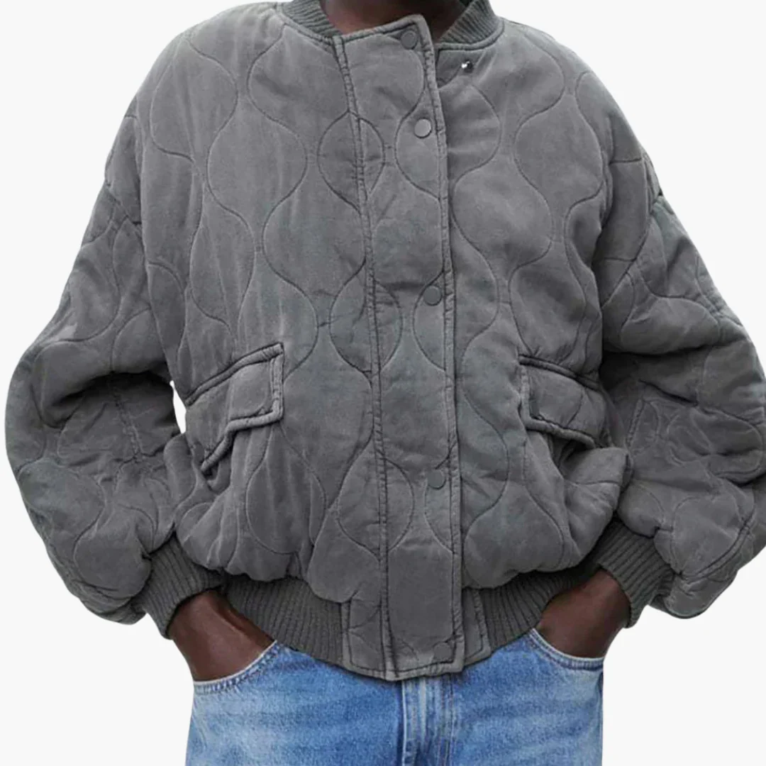 Damen Stepp Bomberjacke mit Druckknopfverschluss und gerippten Bündchen - Image 2
