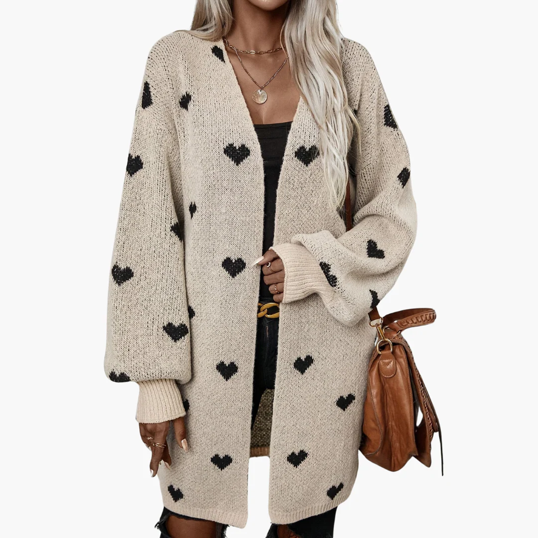 Damen Strickjacke mit offener Vorderseite und Herzmuster