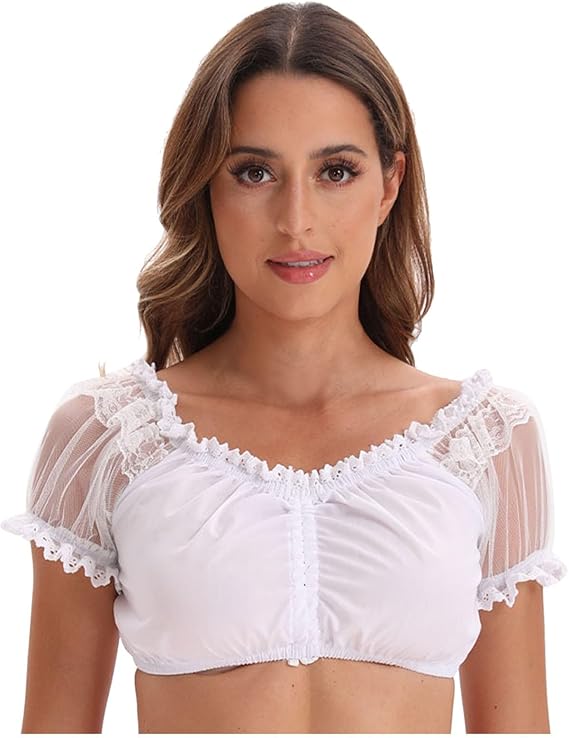 Damen Weiß Bluse Dirndl Oktoberfest | Kurzarm mit Spitze - Image 3
