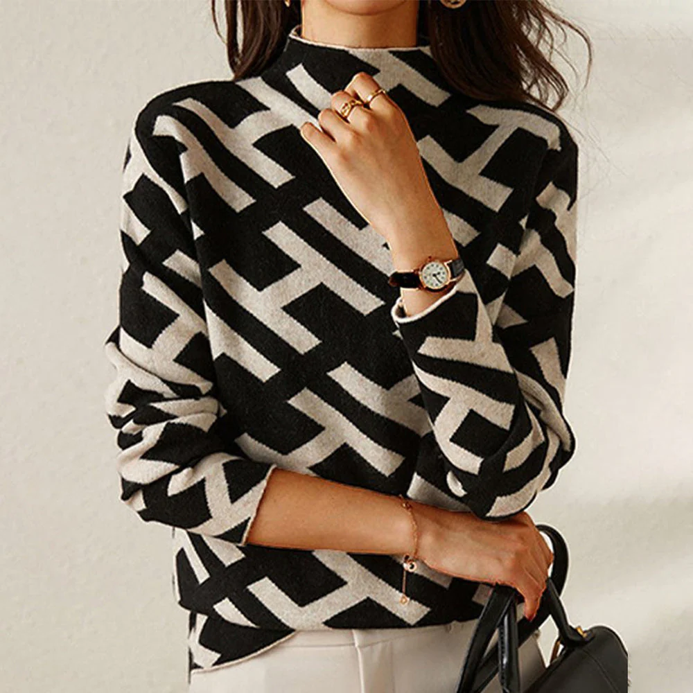 Damenpullover Baumwolle Geometrisches Design V-Ausschnitt