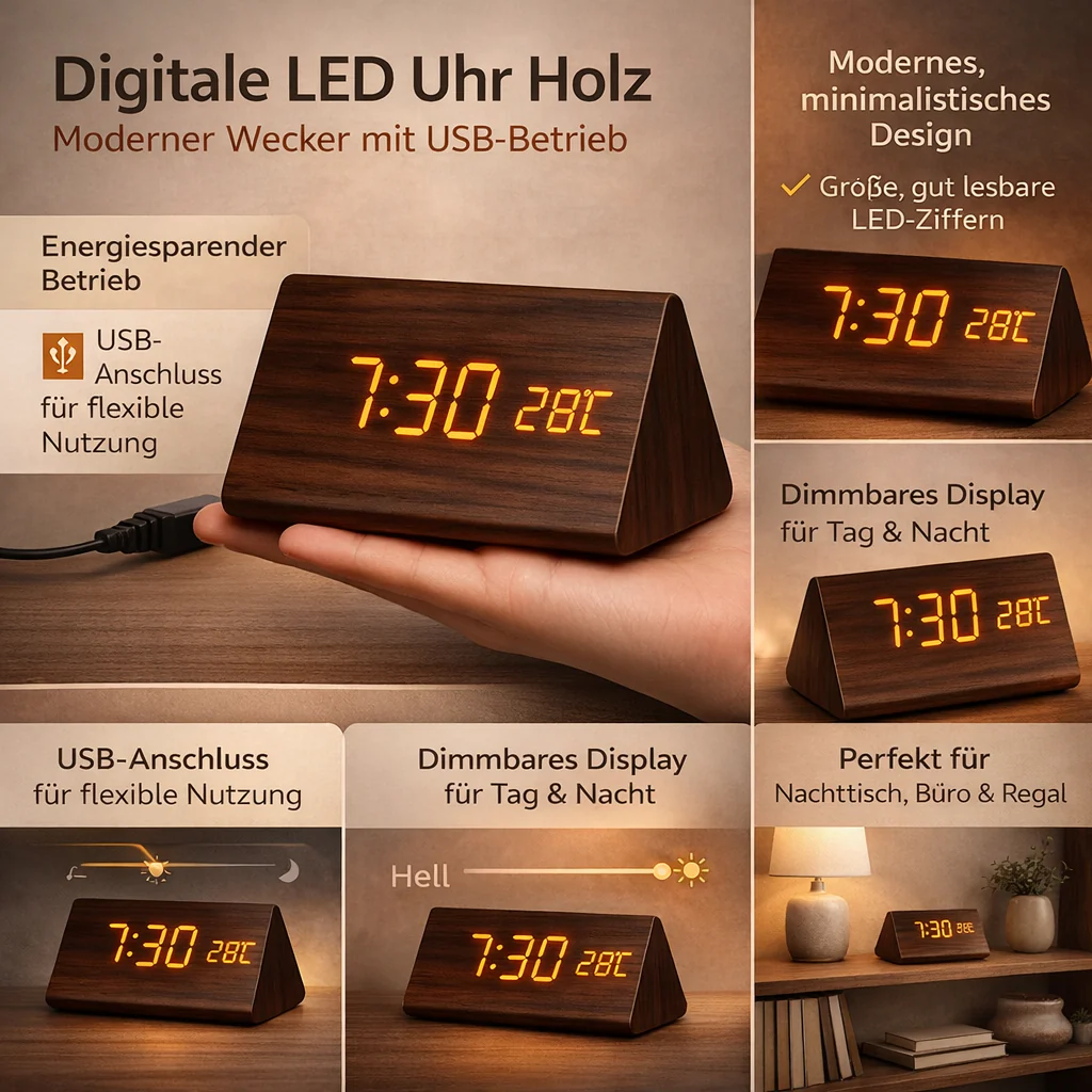Digitale LED Uhr Holz Modern Wecker - Image 2
