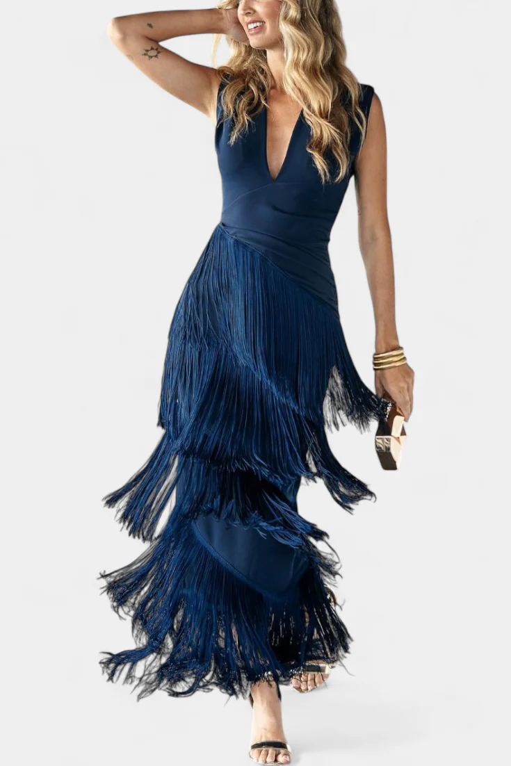 Dolcezza Elegantes Maxikleid mit V-Ausschnitt, Falten und Fransen-Details
