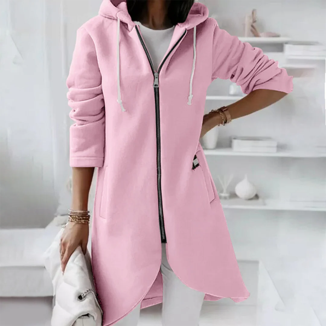 Eleganter Langer Damen-Kapuzenpullover | mit Reißverschluss
