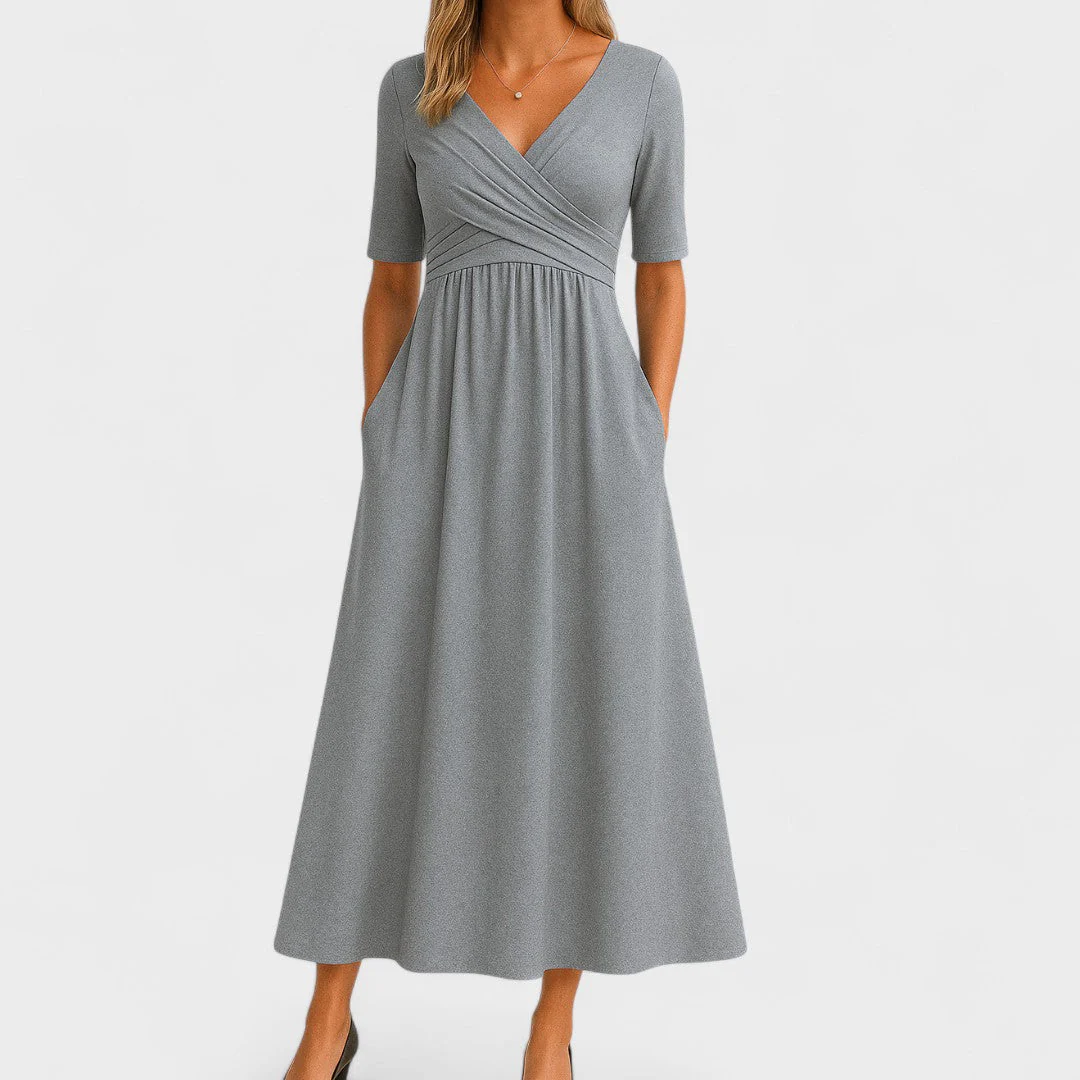 Elegantes Midikleid für Frauen - V-Ausschnitt, Ellbogenlange Ärmel, Praktische Taschen