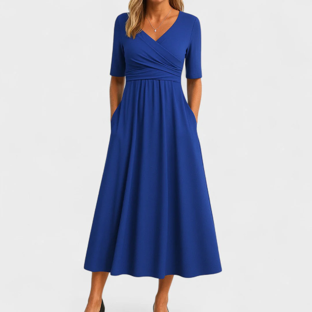 Elegantes Midikleid für Frauen - V-Ausschnitt, Ellbogenlange Ärmel, Praktische Taschen - Image 3