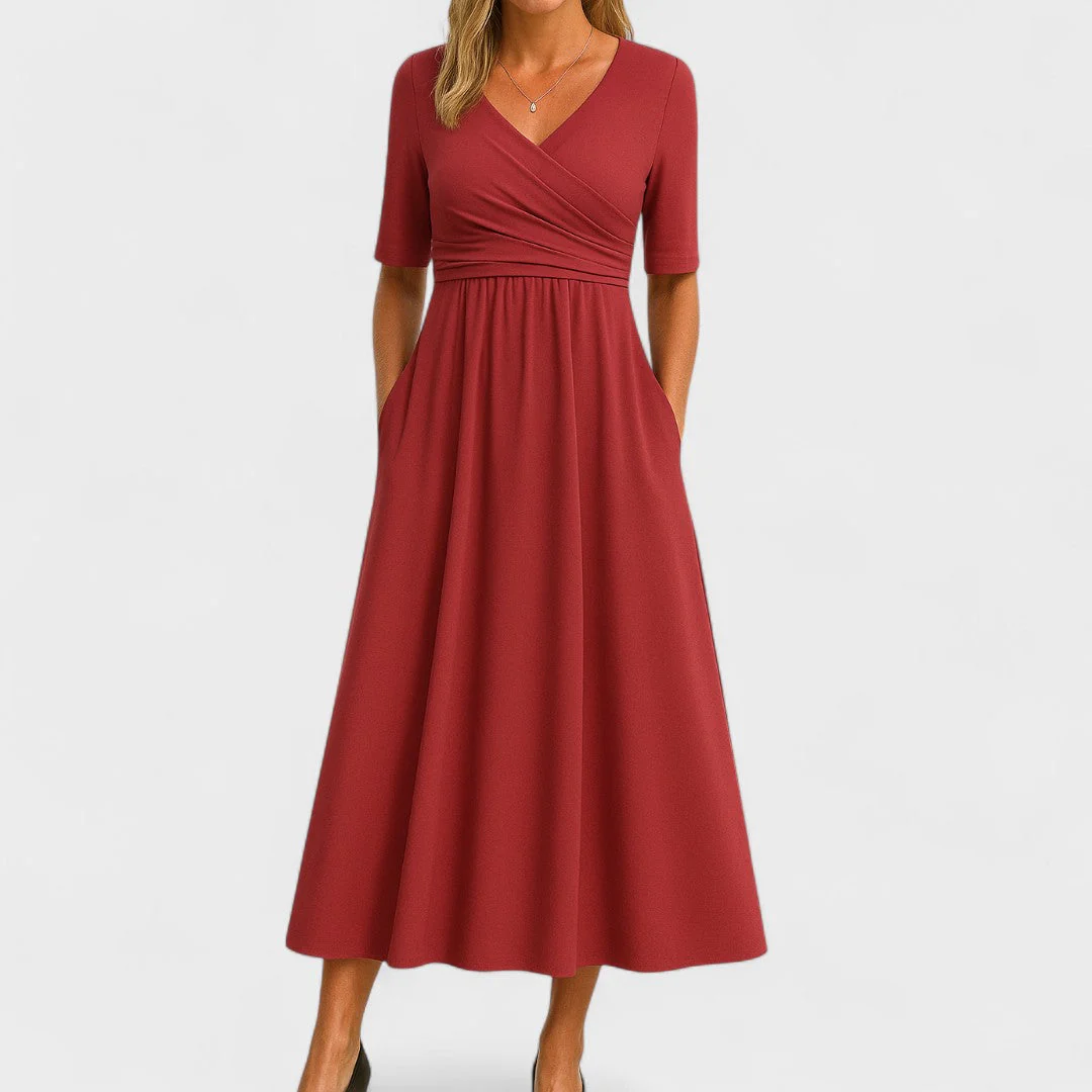 Elegantes Midikleid für Frauen - V-Ausschnitt, Ellbogenlange Ärmel, Praktische Taschen - Image 6