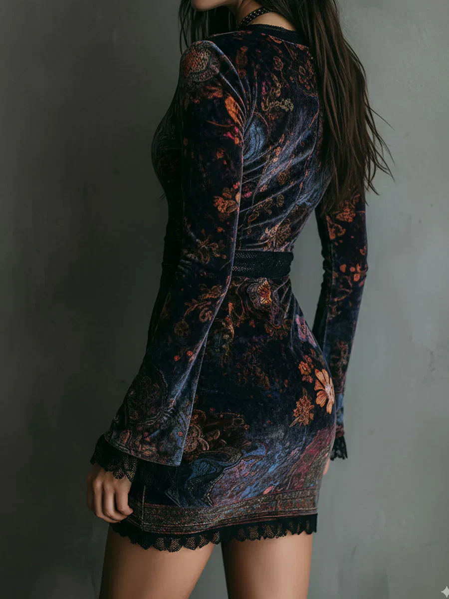 Elena | Samt-Minikleid mit floralem Print & Schnürung - Image 2
