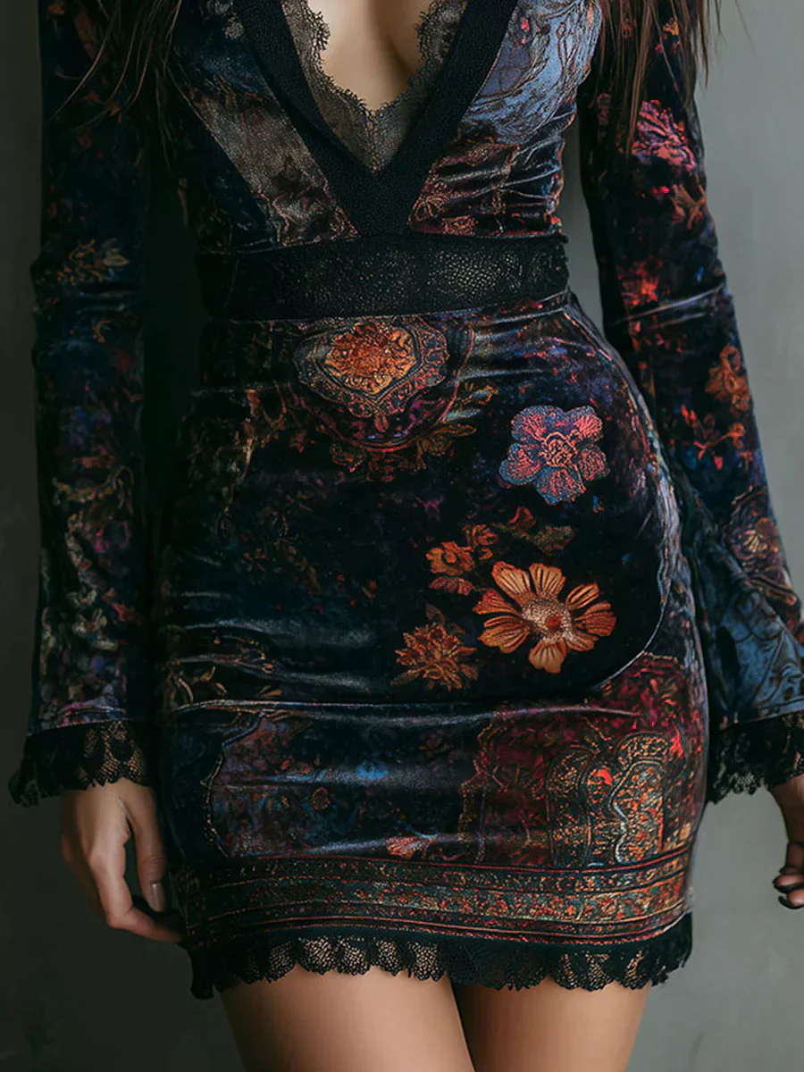 Elena | Samt-Minikleid mit floralem Print & Schnürung - Image 4