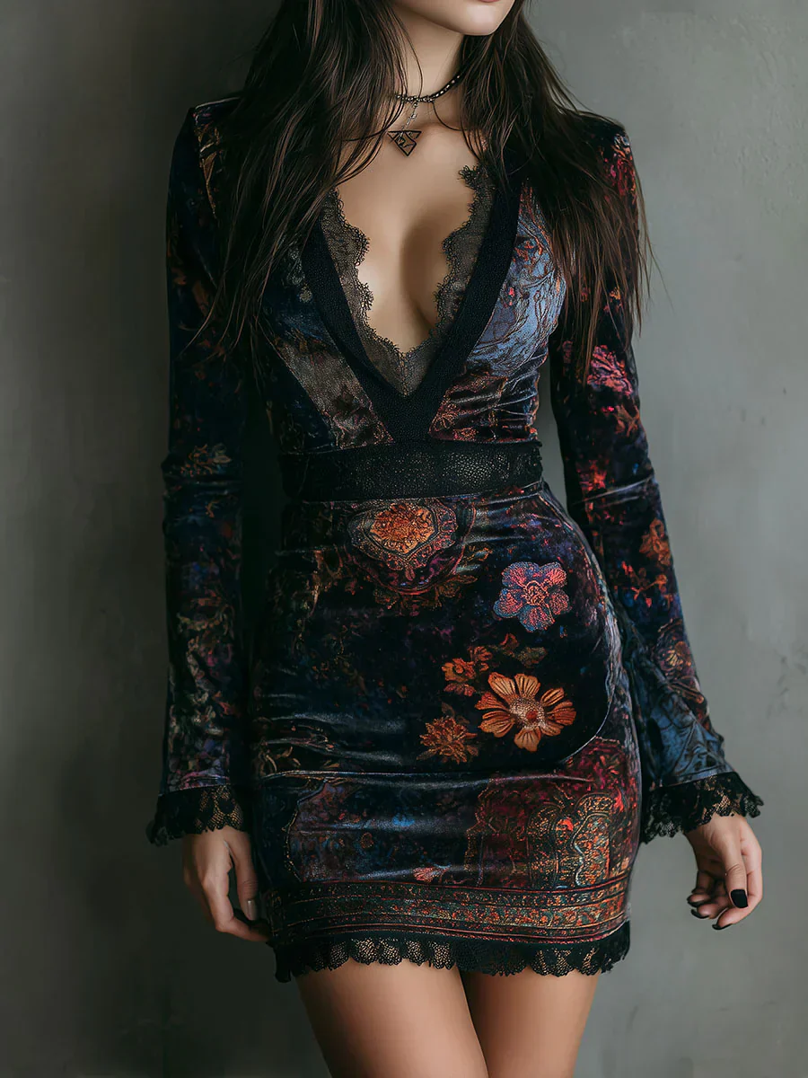 Elena | Samt-Minikleid mit floralem Print & Schnürung - Image 5