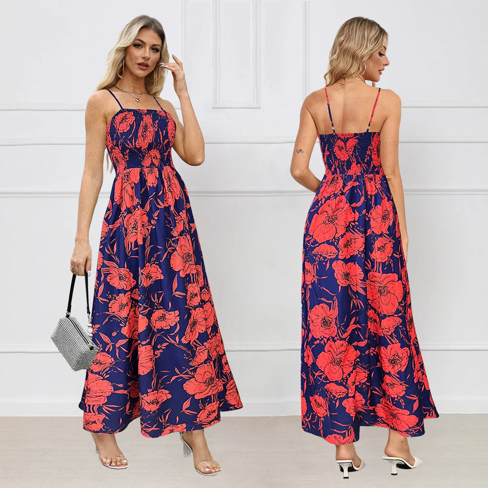 Emma - Blumiges, gerafftes Maxikleid mit Spaghettiträgern