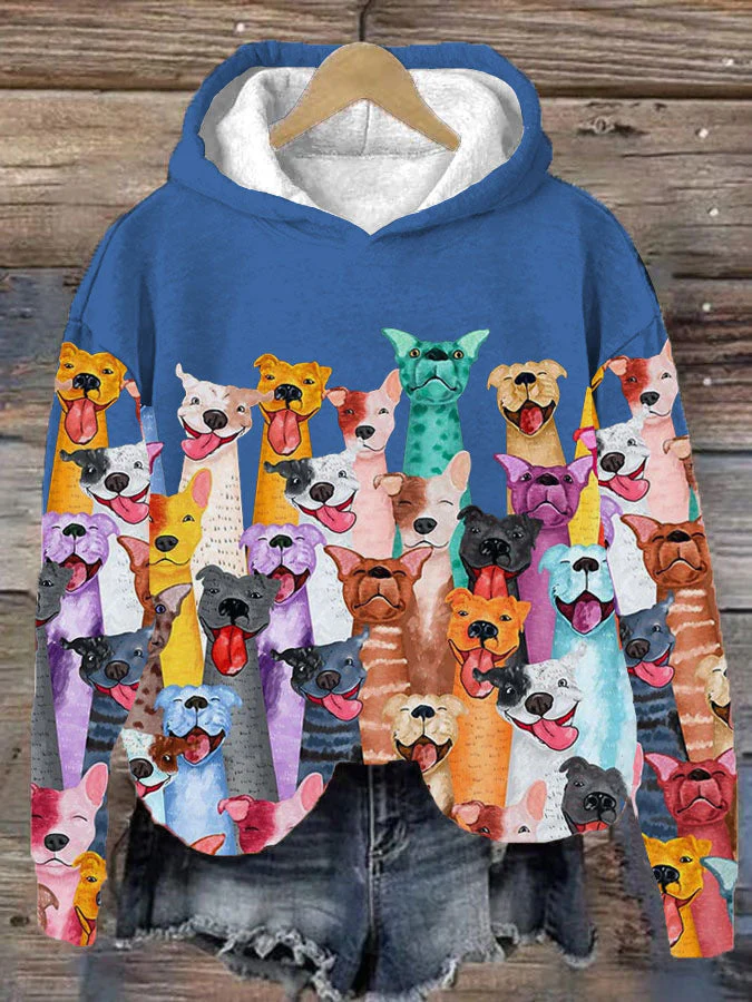 Farbenfroher Hundedruck-Kapuzenpullover für Damen