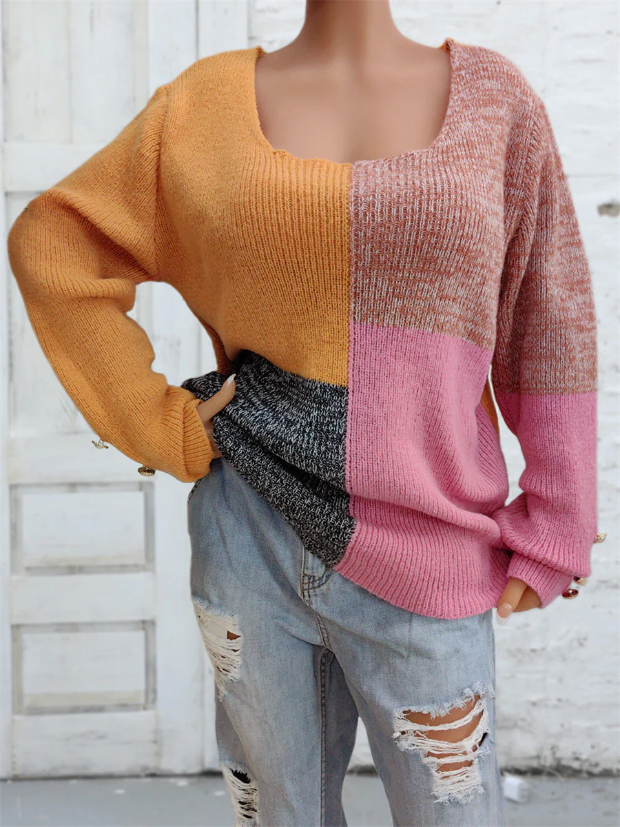 FARBLOCK DEKORATIVER KNOPF LANGARMPULLOVER | MODERNER STIL, KOMFORTABEL, VIELSEITIG