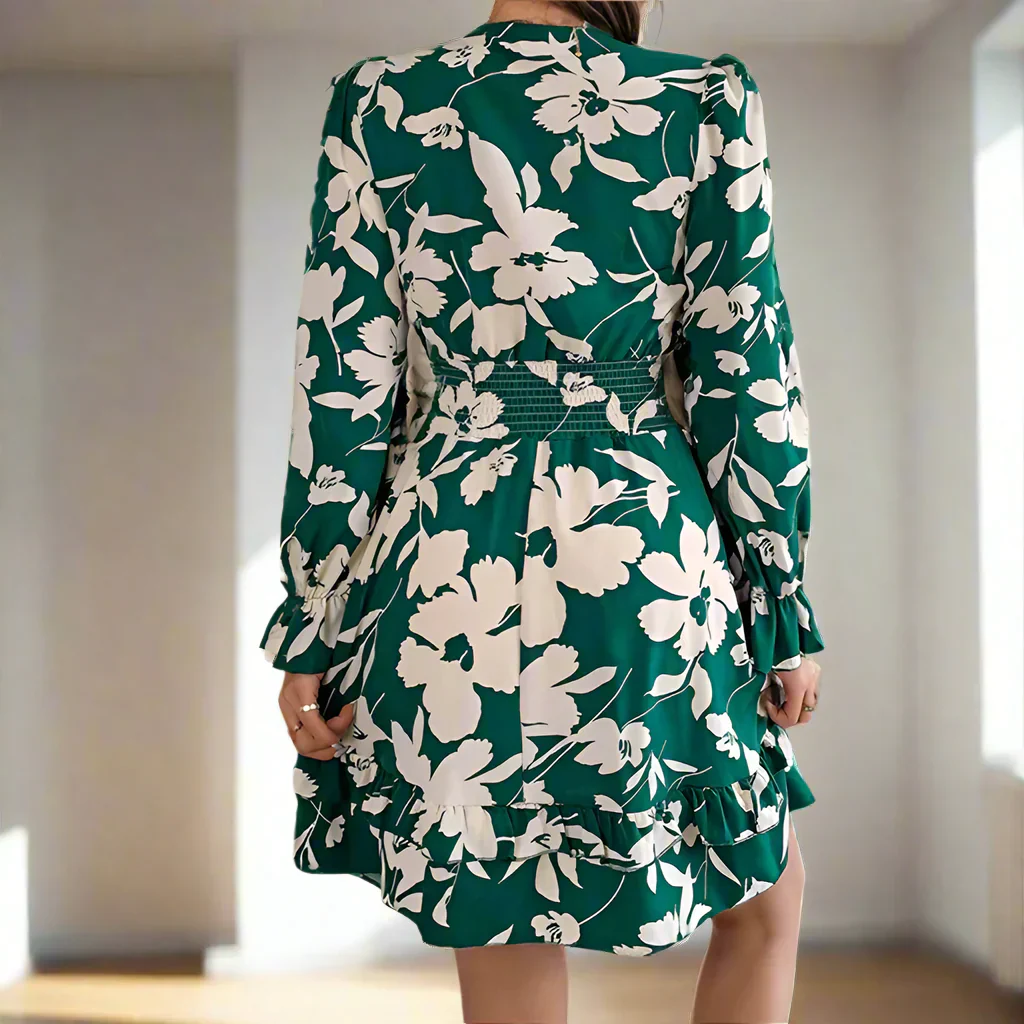 Florales Vintage Damen Minikleid mit Trompetenärmeln