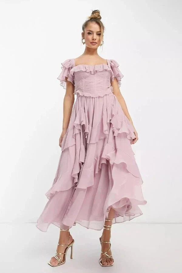 Fiona | Damen Zweiteiliges Rüschen Midi Kleid Korsett – Rüschen Korsett Set 2026