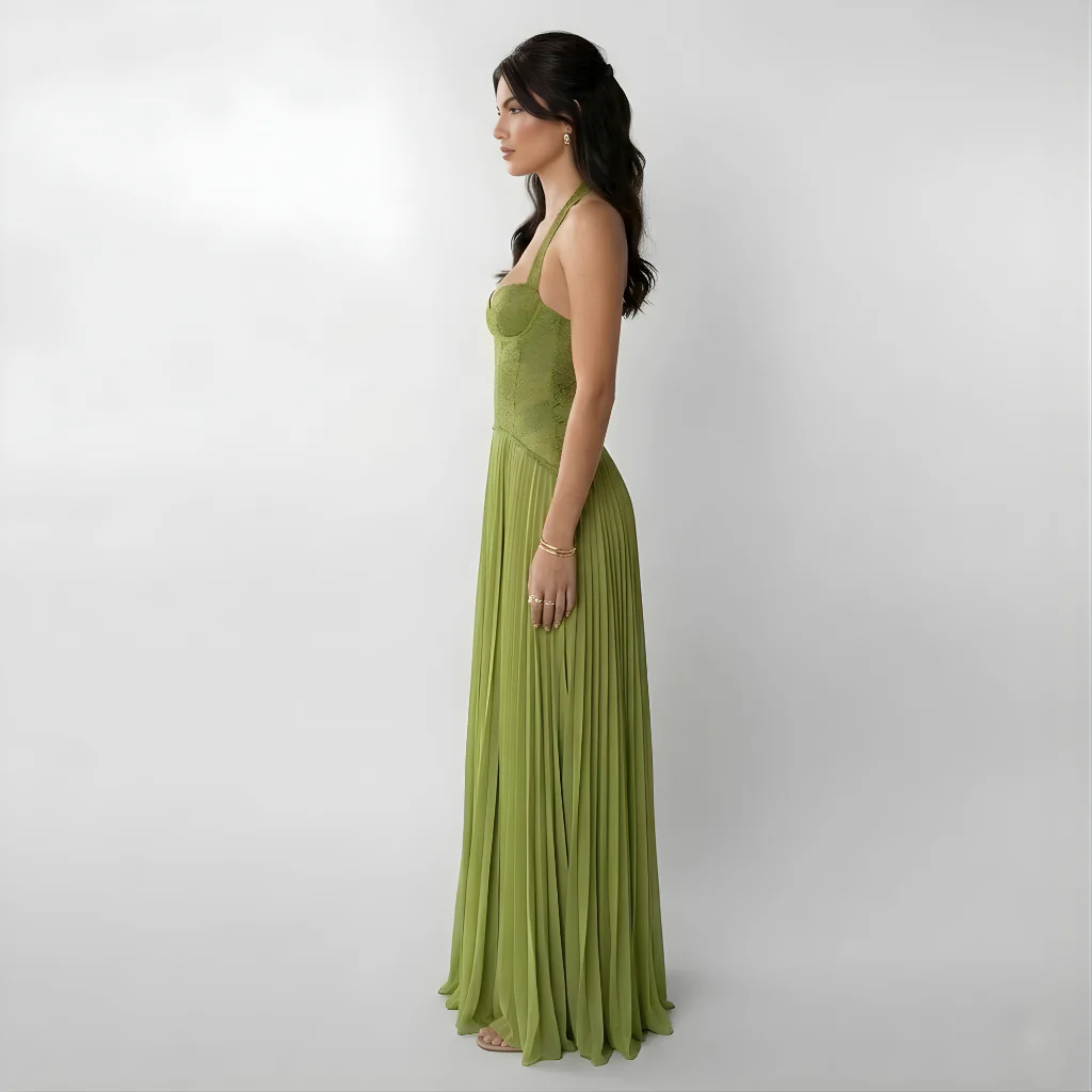 Gaia | Damen Spitzenkleid Plisseerock Maxi – Spitze Plissee Maxikleid Elegant 2026